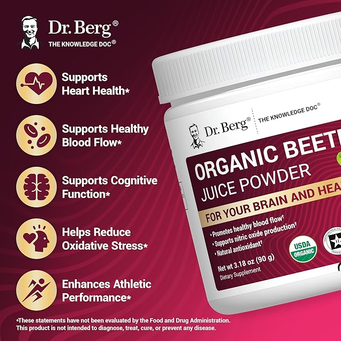 Dr. Berg Raw Organic Beet Powder from Real Earth-Grown Beets – USDA Certified Organic Beet Root Powder to Support Nitric Oxide Levels, Energy, Blood Flow, & Heart Health* – 30 Servings