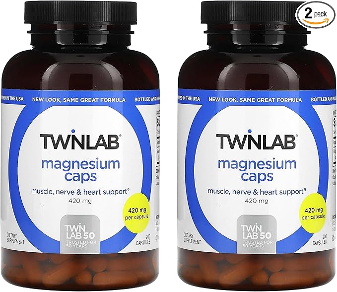 Twinlab Magnesium Caps - High Absorption Magnesium Supplement to Support Leg Cramps Relief - Magnesium Capsules for Stress Relief, 420 mg, 200 Count, 2 Pack