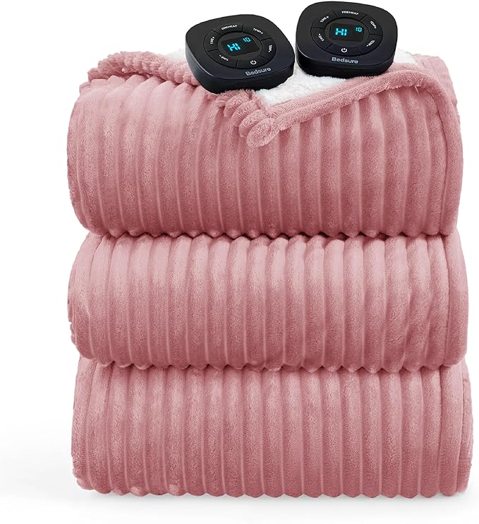 Bedsure GentleSoft Electric Blanket Queen Size - Soft Ribbed Flannel Heated Blanket with Dual Control, Heating with 10 Heat Settings, 10 Time Settings, 8 hrs Timer Auto Shut Off (84"x90", Bridal Rose)