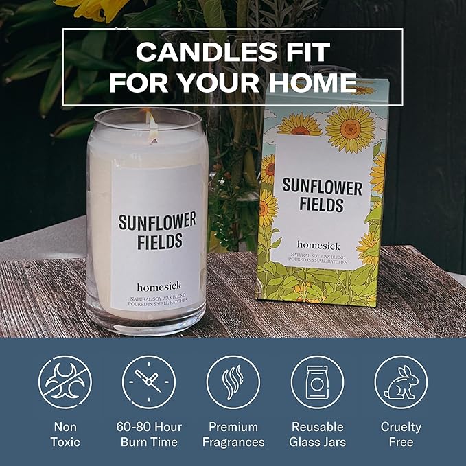 Homesick Scented Candles for Home (Sunflower Fields) - 13.75 oz Long-Lasting Natural Soy Wax Blend Jar Candle Gifts for Women & Men, 60-80 Hours Burn Time - Notes of Grass, Lemon & Lime