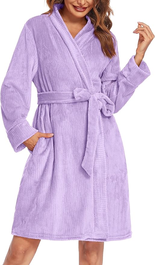 Ekouaer Women's Robes Short Plush Bathrobe Knee Length Warm Soft Jacquard Robe Winter House Coat with Pockets S-XXL