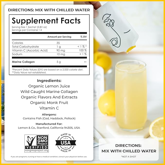 LEMON & CO. Liquid Collagen for Women | Lemon Collagen Water Mix with 5000mg Marine Collagen Peptides, Organic Lemons & Vitamin C | Daily Elixir for Skin, Nails, Hair, Gut | No Preservatives, No Sugar