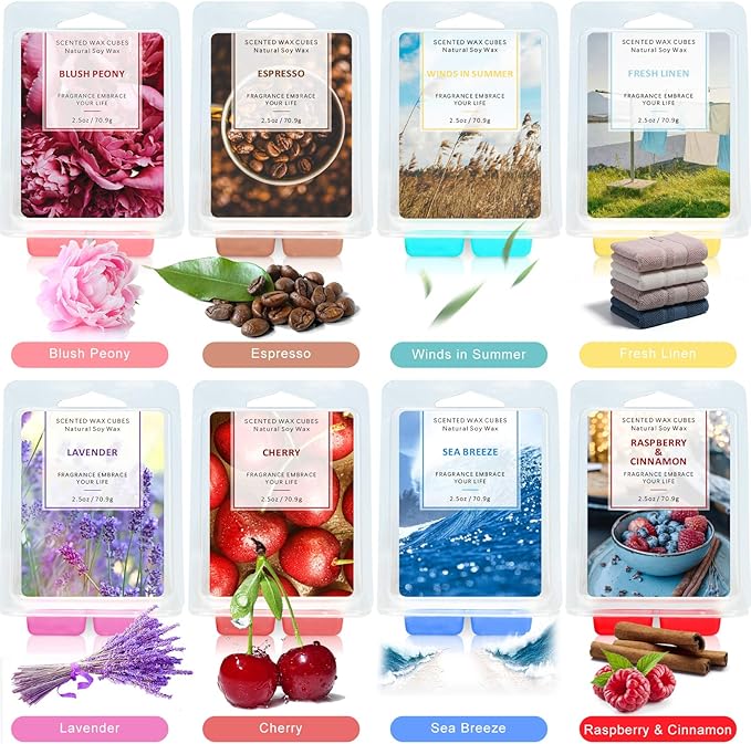 SCENTORINI Wax Melts Wax Cubes, Scented Wax Melts for Wax Warmer, Sea Breeze, Lavender, Linen, Winds in Summer, Cherry, Espresso, Raspberry & Cinnamon, Blush Peony 8 x 2.5 oz