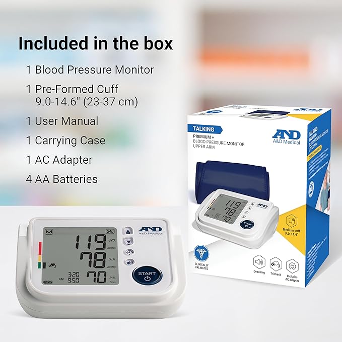 A&D Medical Talking Blood Pressure Machine UA-1030T with Medium Blood Pressure Cuff (23-37 cm / 9.0-14.6” Range) TriCheck Mode & Body Movement Sensor