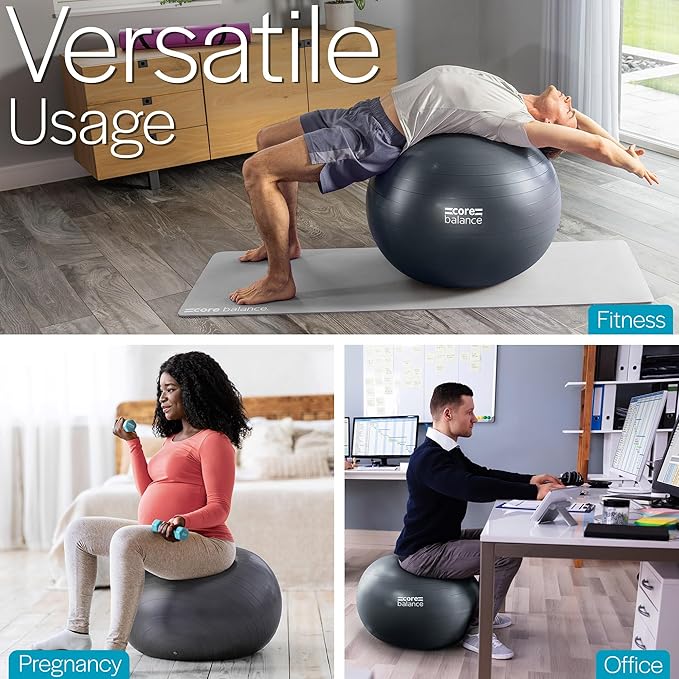 Core Balance Exercise Ball for Workouts, Anti-Burst and Slip Resistant, Swiss Yoga Ball for Pregnancy, Stability, Fitness and Physical Therapy, 4 Sizes, with Pump