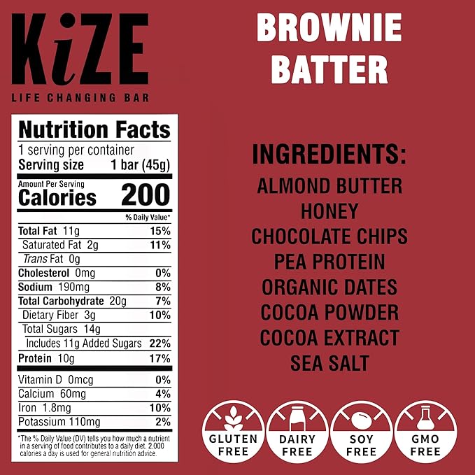 KiZE Energy Bars - Brownie Batter - 30-Count - Almond-Butter-Based, Gluten Free, Dairy Free, Non-GMO, and High Protein Meal Replacement Energy Bars, Clean and Simple Food Ingredients - 10g High Protein Snacks (30 Count)