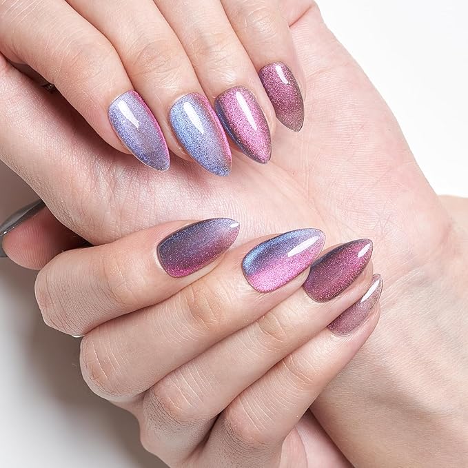 GLAMERMAID Pink Blue Magnet Cat Eyes Press on Nails Short Almond, Handmade Chameleon Gel Fake Nail Kit, Ombre Purple Glitter Magnetic Glue on Nail Stiletto, Medium Oval Stick False Nail Set for Women