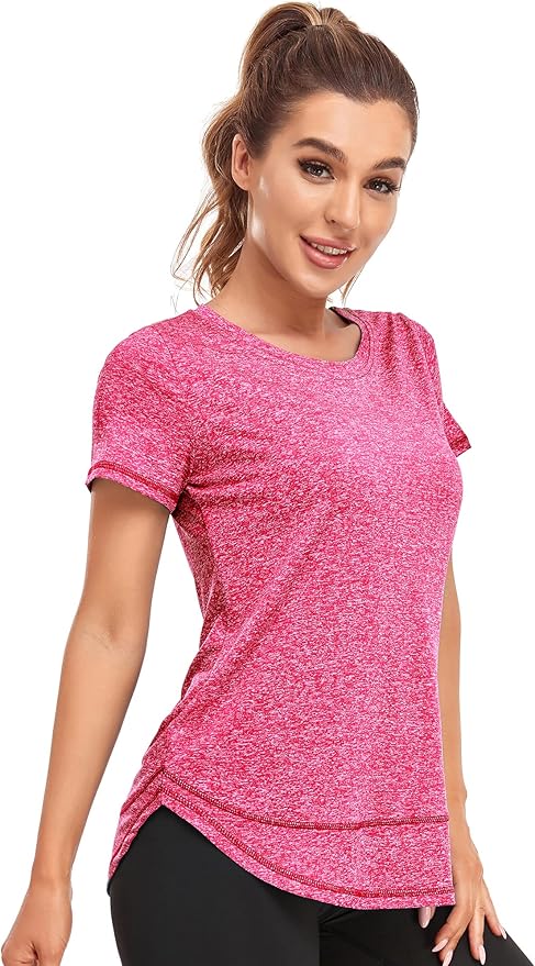 Women's Short Sleeve Workout Shirts Crewneck Sports Yoga Running Dry Fit Tops Side Split Tee