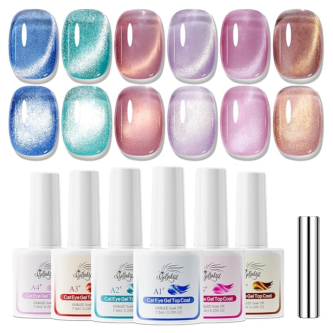 5-in-1 Cat Eye Gel Polish Kit, 6PCS-7.5ml No Base/Top Coat Needed, All-in-One Formula, Beginner-Friendly Magnetic Nail Art Set with Magnet Sticks, Fast Curing for Home DIY Manicure