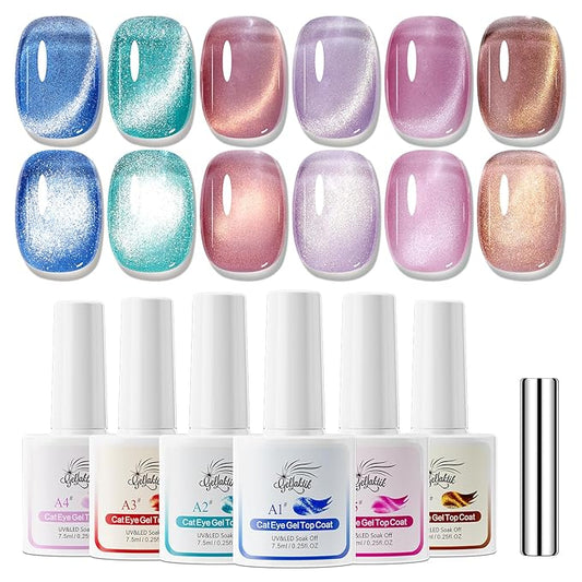 5-in-1 Cat Eye Gel Polish Kit, 6PCS-7.5ml No Base/Top Coat Needed, All-in-One Formula, Beginner-Friendly Magnetic Nail Art Set with Magnet Sticks, Fast Curing for Home DIY Manicure