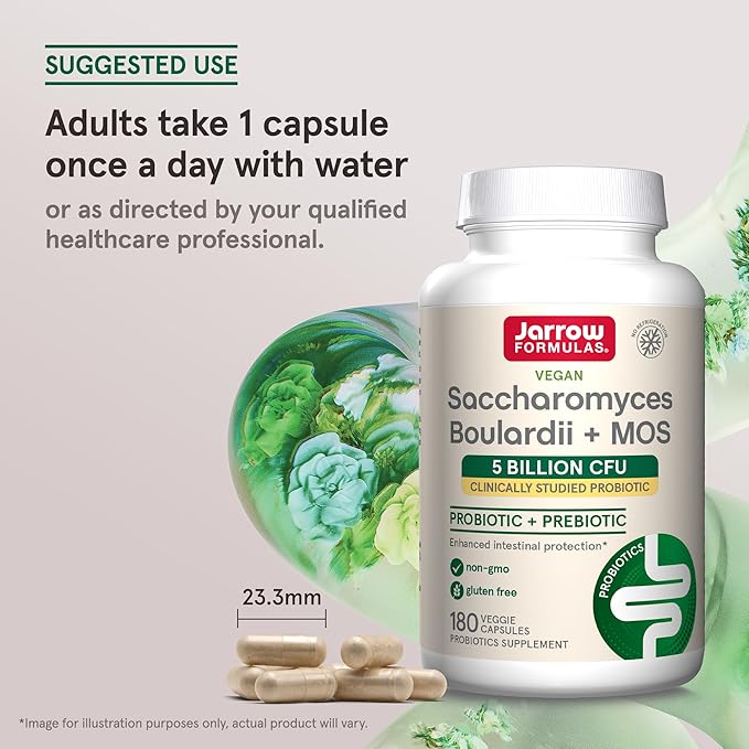 Jarrow Formulas Saccharomyces Boulardii + MOS - 5 Billion Organisms Per Serving - 180 Delayed Release Veggie Caps - Probiotic + Prebiotic - Intestinal Tract Support - Up to 180 Servings