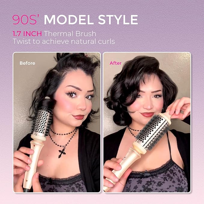 TYMO Thermal Brush Curling Brush - STYLUX 1.7 Inch Blowout Volumizer with Flexi-Fit for Hair Straightening, Heated Round Styler Tool, Hair Straightener and Curler 2 in 1, Dual Voltage & Light, Pink