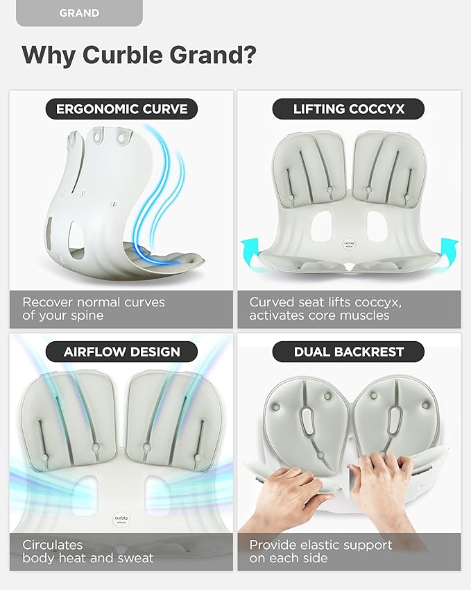 curble Grand(Extra Wide & Sturdy) – Ergonomic Back and Lumbar Support for Good Posture Correction and Back Pain Relief, Perfect for Office, Floor Seat and Work from Home, Patented (Grey)