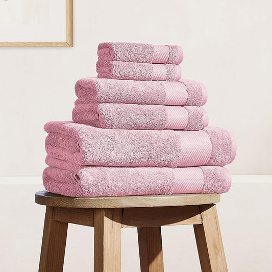 BIOWEAVES 100% Organic Cotton Bath Towel Set | 700 GSM Plush 6-Piece Premium Towel Set GOTS Certified, 2 Bath Towels, 2 Hand Towels & 2 Washcloths - Dusty Pink