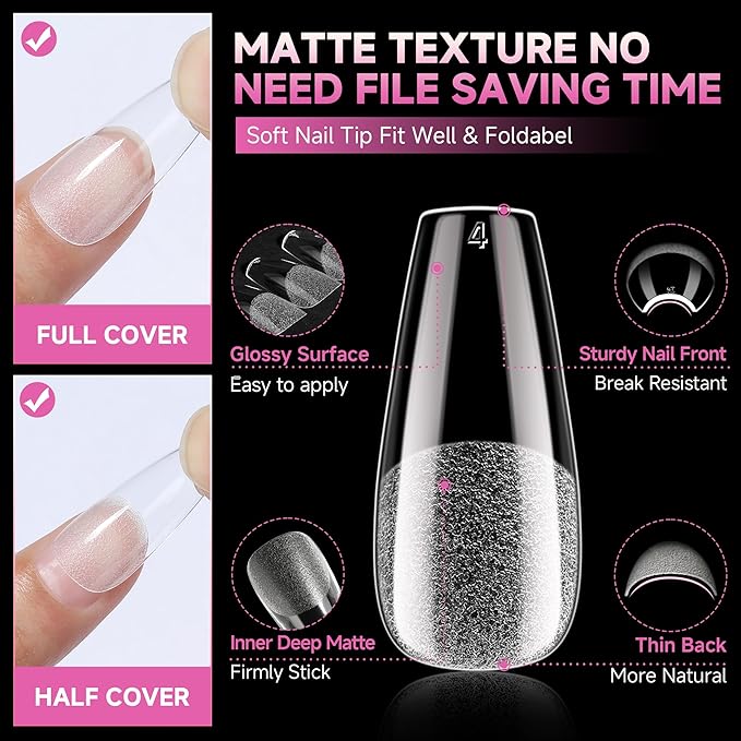 UNA GELLA Medium Coffin Nails Tips Gel Nail Tips Coffin 120pcs Half Matte Acrylic Full Cover Nail Tips Fake Nails Clear C offin Press on Nails for Nail Extensions Home DIY Salon 12 Sizes