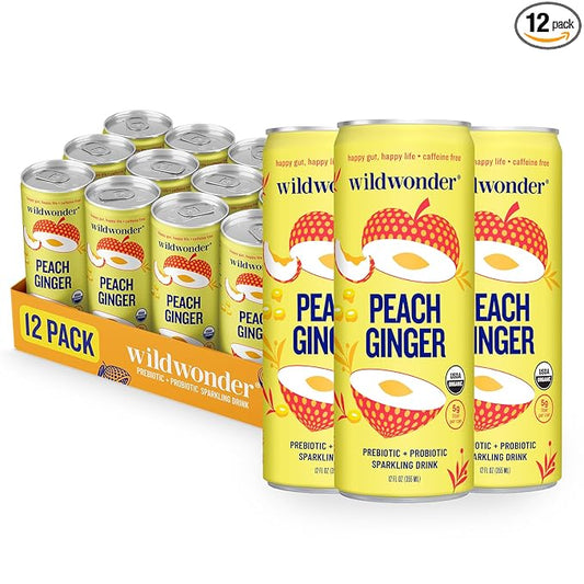 wildwonder Sparkling Probiotic Drink 12pk, For Gut Health & Immune Support, Peach Ginger, 5g Prebiotic Fiber, Live Probiotics, Organic, Vegan, Low Sugar, 12 Pack, 12oz Can, As Seen on Shark Tank