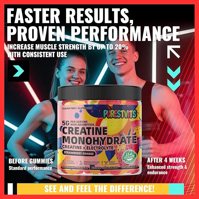 Creatine Monohydrate Gummies (5g) – Pre-Workout Energy & Muscle Growth Support for Men & Women | Strawberry Orange Electrolyte Gummies (135 Count)