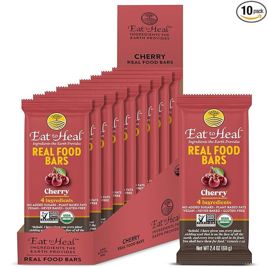 EatToHeal Cherry Real Food Bar - Organic Vegan Healthy Gluten Free Protein Bars - Low Sugar Meal Replacement Bar, Non GMO, Never Baked, Plant Based - Crafted to Enjoy, Not Sit on Shelves