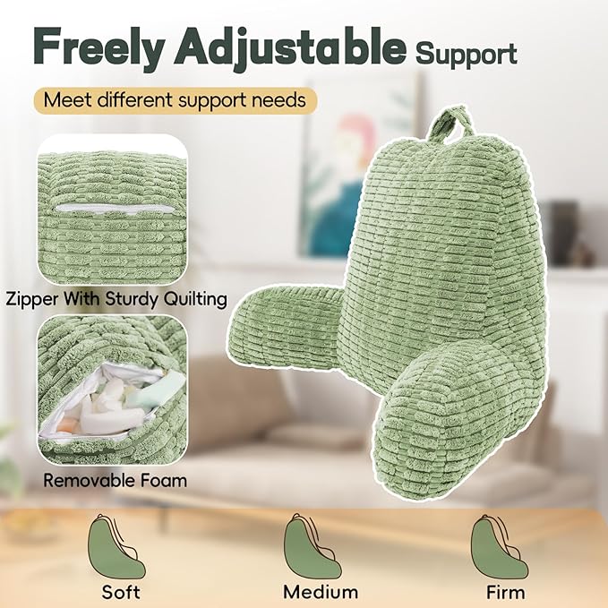 21" Higher Large Reading Pillow for Bed Adult, Back Pillow for Bed Sitting Up with Memory Foam Back Support with Arms Rest for Couch Chair Green