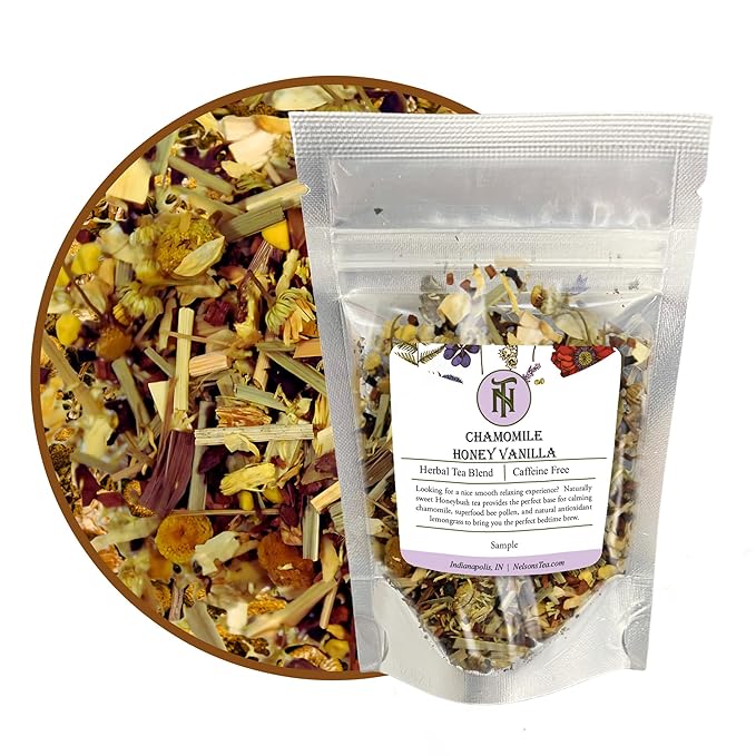 Nelson's Tea Chamomile Honey Vanilla - Caffeine-Free - Herbal Loose Leaf Tea, Curated Blend with Honeybush, Chamomile, Lemongrass, Licorice Root, Toasted Coconut, and Bee Pollen - Bedtime Brew (Sample 0.3 Oz)