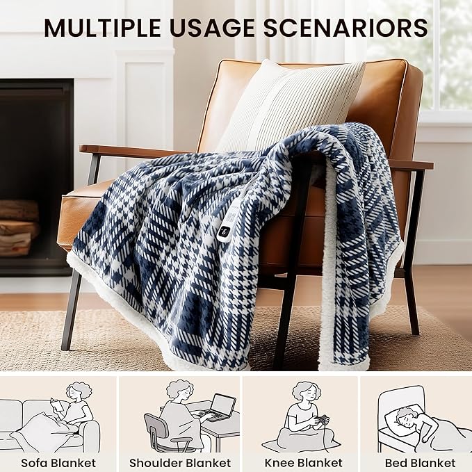 Heated Blanket Electric Throw-50''x60''Ultra Soft Cozy Plaid Flannel Fast Heating Electric Blanket with 10 Heat Levels & 10 Hours Auto Off, ETL Certified, Keep Warm in Couch Bed Office(Navy)