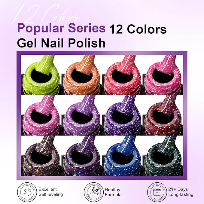 MEET ACROSS Reflective Glitter Gel Nail Polish Set of 12 Colors Pink Red Black Purple Shimmer Sparkle Gel Polish Collection Kit LED Soak Off Nail Polish Manicure Art Gel Kit Home DIY Nail Salon