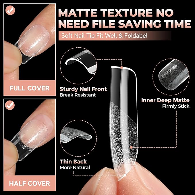 UNA GELLA Nail Tips Short Square, Pre-buff Matte Gel Nails Tips Short Square Nail Tips 120pcs Clear Full Cover False Fake Nails for Nail Extensions DIY Home Salon 12 Sizes for Women