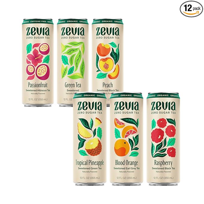 Zevia Organic Sugar Free Iced Tea, Tea Refresher Variety Pack, 12 Ounce Cans (Pack of 12)