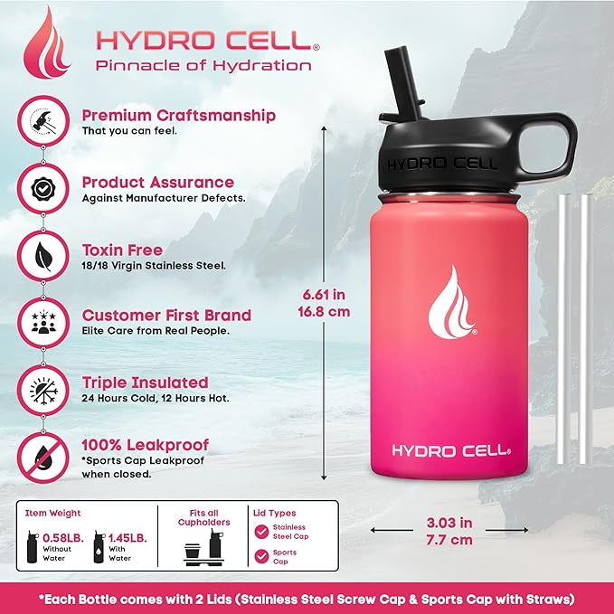 HYDRO CELL Stainless Steel Insulated Water Bottle with Straw - For Cold & Hot Drinks - Metal Vacuum Flask with Screw Cap and Modern Leakproof Sport Thermos for Adults (Coral/Punch 14oz)