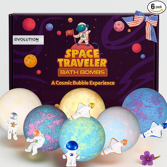 EvolutionUSA Space Bath Bombs for Boys & Girls, 6 Planet Bath Balls with Toy Hidden Inside, Organic Hypoallerganic Childrens Bathbombs, Cosmic Fun Space Surprise, Gift Set Birthday, Christmas, Easter