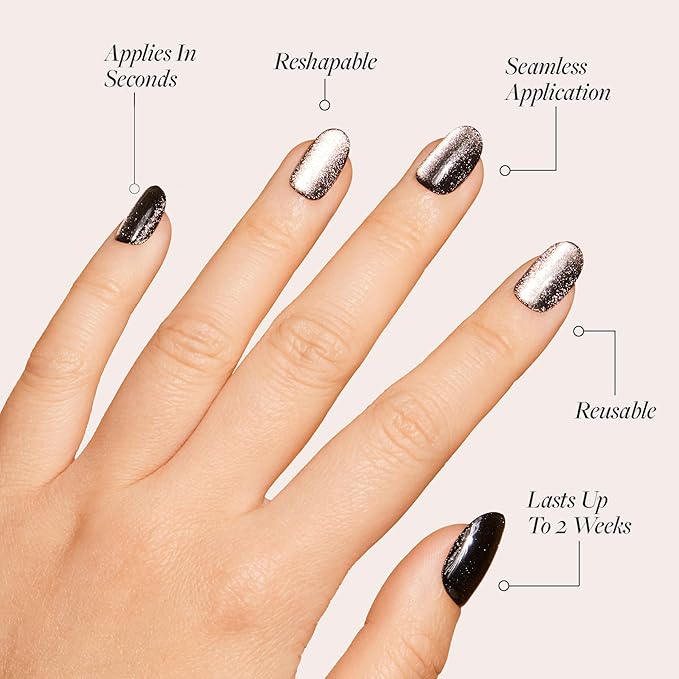 Glamnetic Press On Nails - Galactic | Short Round Gunmetal Pewter Glittered Nails with a Glaze Finish | 12 Sizes - 30 Nail Kit with Glue