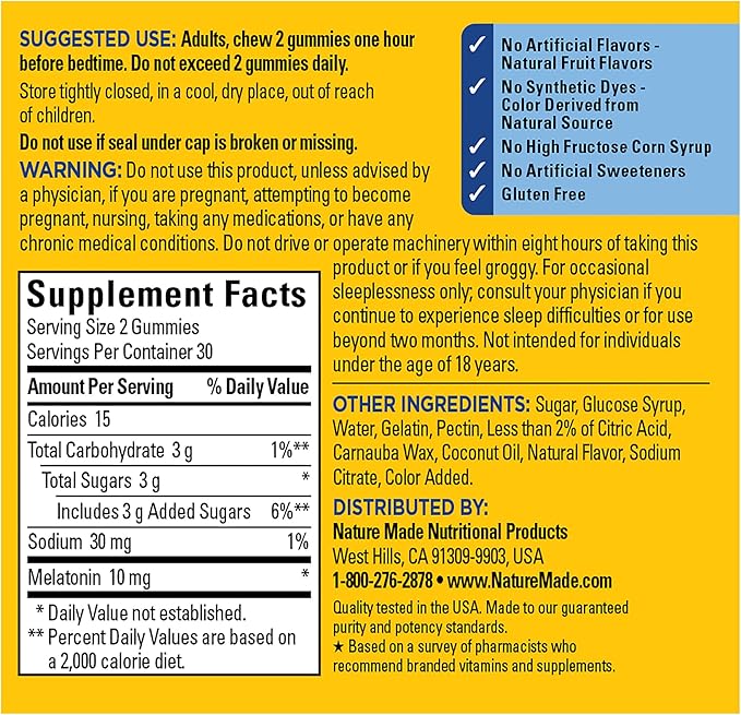 Nature Made Time Release Melatonin Gummies 10mg per Serving, Maximum Strength Dosage Sleep Aid for Adults, 100% Drug Free, 60 Gummies, 30 Day Supply