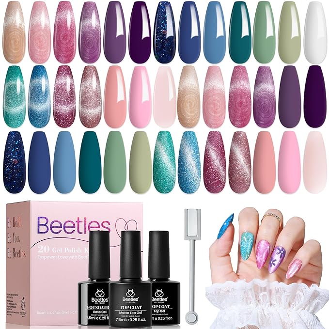 beetles Cat Eye Gel Polish Set - Floral Verses 20 Colors Fall Winter Gel Polish Kit, Blue Pink Purple Green Shimmer Nail Colors, with Magnet Stick Glossy & Matte Gel Top Base Coat UV Gifts for Women