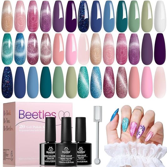 beetles Cat Eye Gel Polish Set - Floral Verses 20 Colors Fall Winter Gel Polish Kit, Blue Pink Purple Green Shimmer Nail Colors, with Magnet Stick Glossy & Matte Gel Top Base Coat UV Gifts for Women