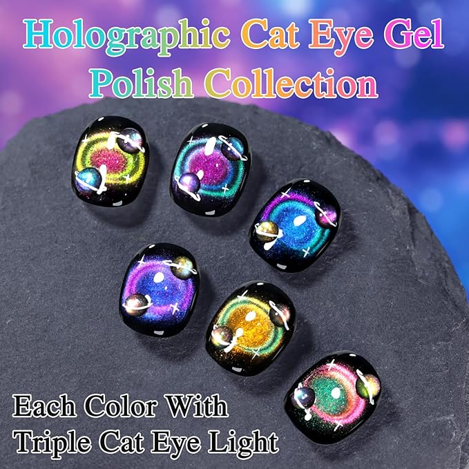 Double Rhythm Cat Eye Gel Nail Polish Set of 6 Same Color Same Bottle 0.5 Oz Shimmer Glitter with Magnet Holographic Reflective Magnetic UV Nail Polish Kit at Home (Holographic Rainbow-T6-88)
