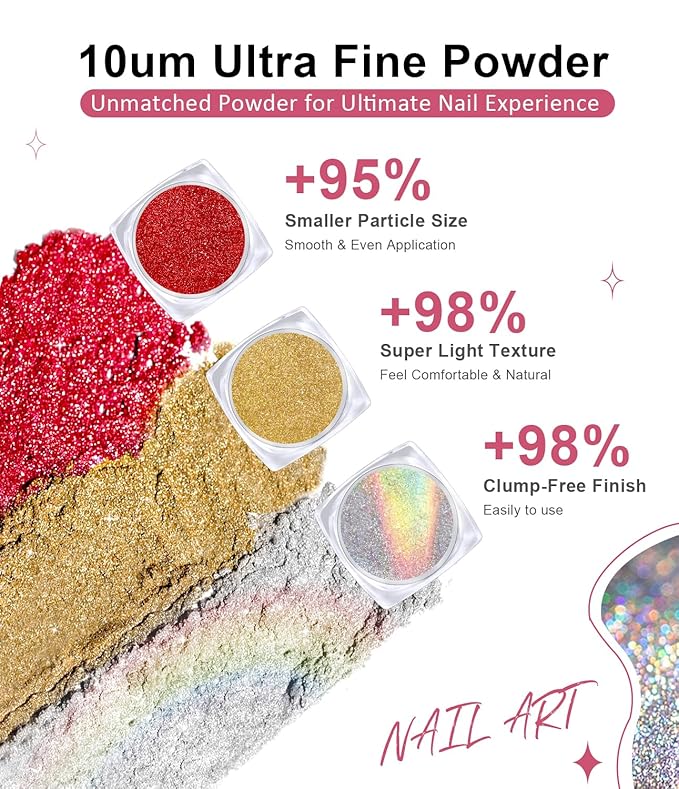 Gold Chrome Nail Powder - 4 Colors Christmas Red Green Laser Gold Nail Chrome Powder, Sparkly Holographic Chrome POwder for Nails Mirror Effect Glitter Pigment Dust - Christmas Nail Design