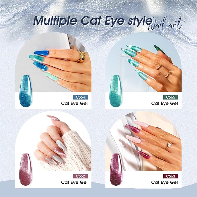 ROSALIND Cat Eye Gel Nail Polish with Magnet, 12 PCS Holographic Glitter Purple Blue Red Gel Polish Magnetic and Swirl Shell Thread Effect Sparkle Nail Polish Christmas Cateye Gifts for Women