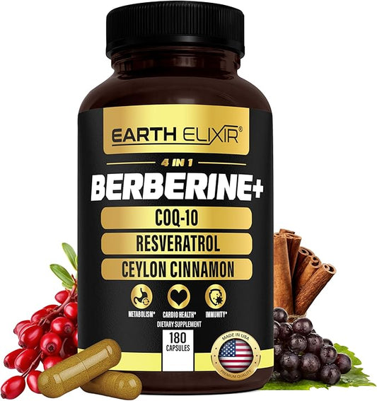 Earth Elixir 4-in-1 Berberine Supplement – Organic Berberine with Ceylon Cinnamon, CoQ10 Ubiquinol, and Resveratrol Powder – Metabolic & Cellular Energy Support, 180 Vegan Capsules