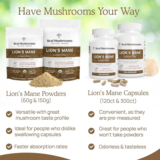 Real Mushrooms Lion’s Mane Supplement Capsules - Organic Lions Mane Extract for Overall Wellbeing - Beta Glucan Supplements – Vegan 300 ct Mushroom Extract