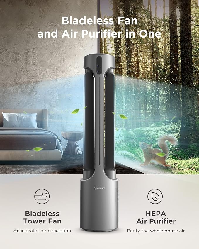 AIRMATE Air Purifier Bladeless Tower Fans, 1500CFM Large Air Volume, 45" 2-in-1 Standing Fan for Bedroom & Home, 28ft/s Velocity, 90° Oscillation, 15H Timer, Low Noise, Silver