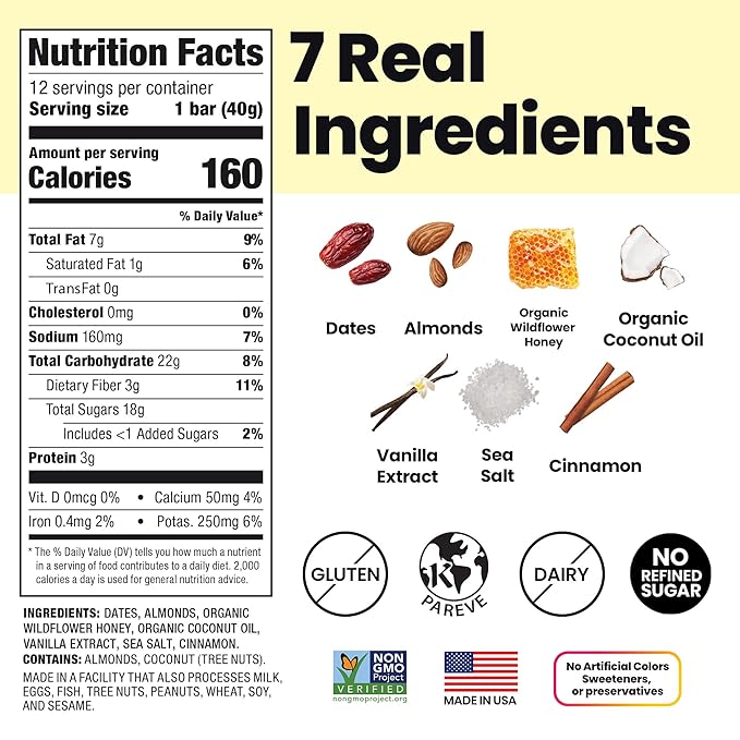 Bahamii - Almond & Date Bars (Honey Cinnamon) - Healthy Snack Bars with Dates - Non-GMO, Gluten-Free, Dairy-Free, Kosher, and No Sugar Added Fruit and Nut Bar - Simple Ingredient Snack (12-Pack)