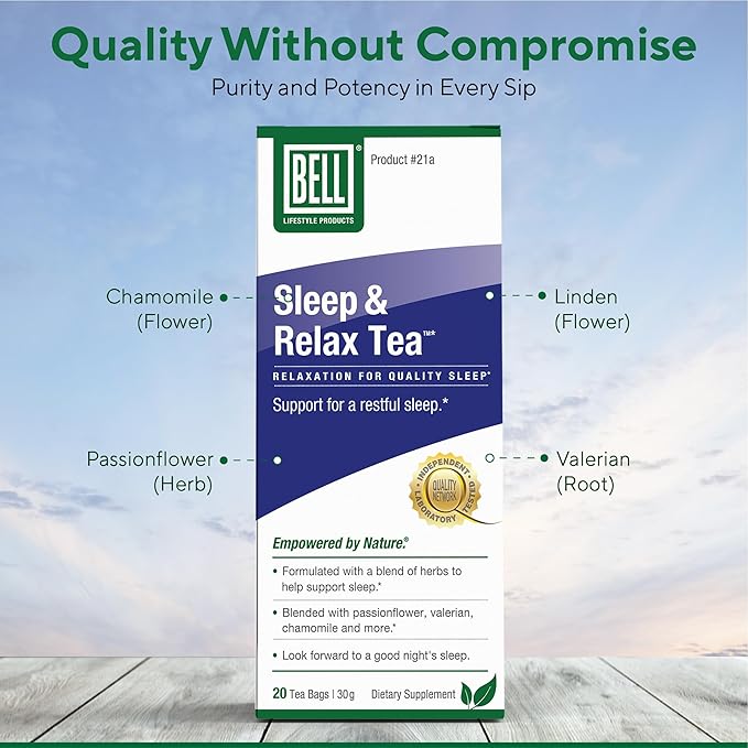 Bell Lifestyle Sleep & Relax Herbal Tea - Night Time Blend with Chamomile, Passionflower, Linden, Valerian, 100% Natural, Vegan, Caffeine-Free - 20 Tea Bags