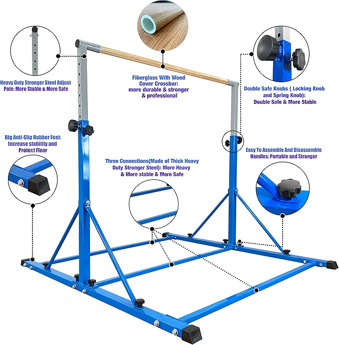 Gymnastic Bar for Kid and Teenage Ages 3-25, 5 FT / 6 FT Base Length, 5 FT / 6 FT Height, Gymnastic Kip Bar Horizontal Bar for Gymnast, Gymnastic Training Equipment for Home and Club Use