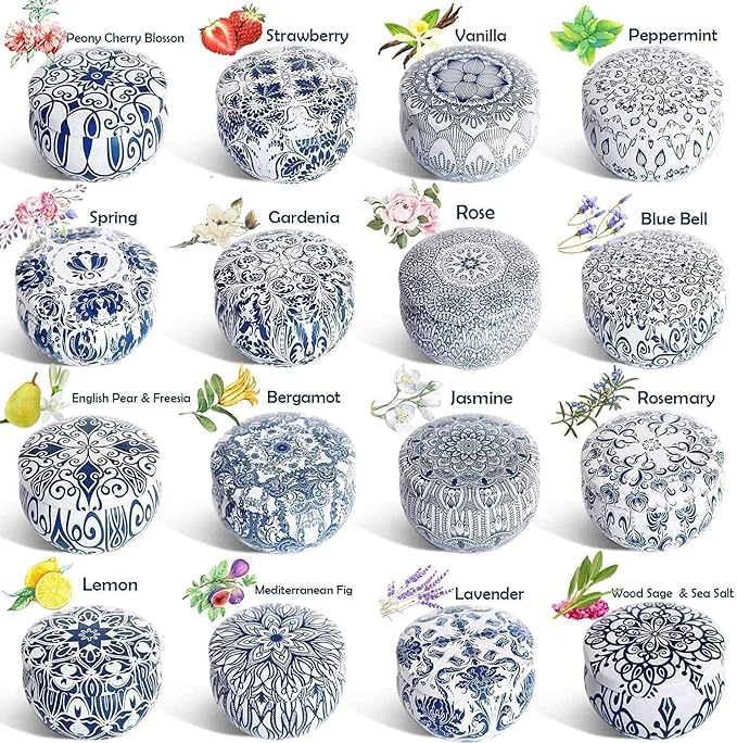 Set of 16 Small Scented Candles Gifts,Blue and White Aroma Naturals Candles,2.5 OZ Soy Wax Travel Tin Jar Candles,Appropriate Gifts for Mom,Christmas, Birthday, Thanksgiving,Christmas Celebrations.