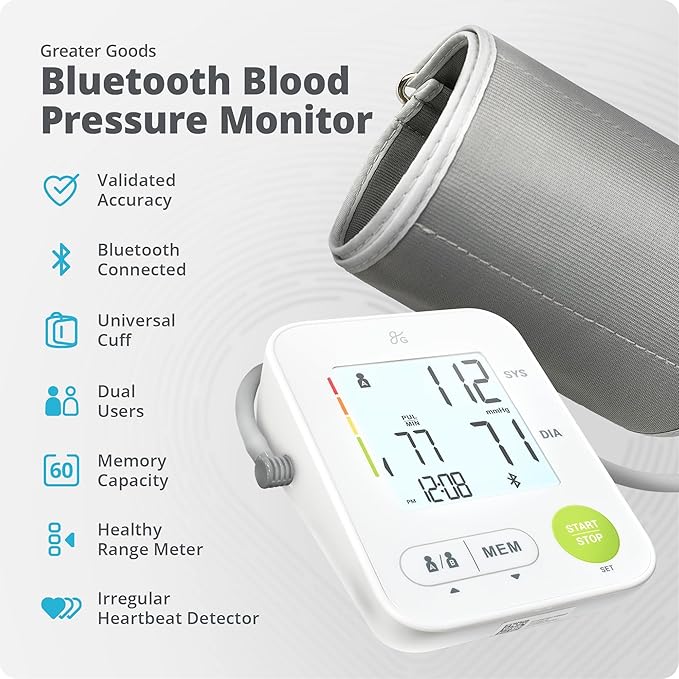 Greater Goods Bluetooth Blood Pressure Monitor for Home Use, Upper Arm BP Machine with Wide Range Cuff, Accurate Digital Readings, Balance Health App, Compatible with iOS and Android Devices