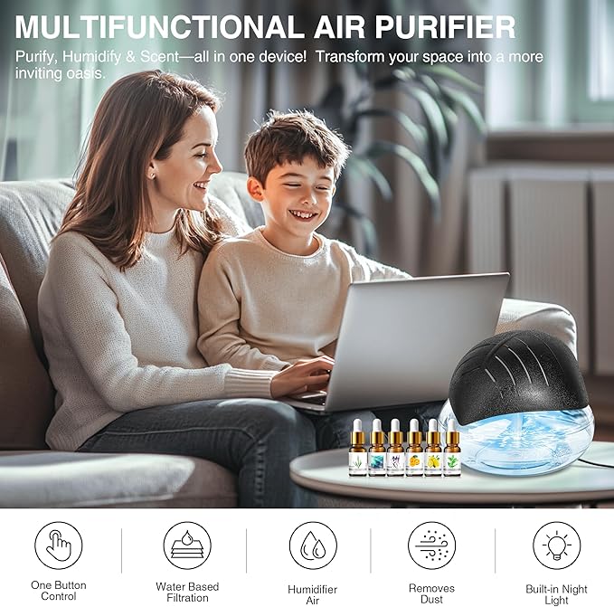 Water Air Purifier for Home with Essential Oil Diffuser & Humidifier, Rainbow Air Washer with LED Mood Light- Includes 6x10ml Essential Oils, Air Revitalizer for Smoke and Pets, Black
