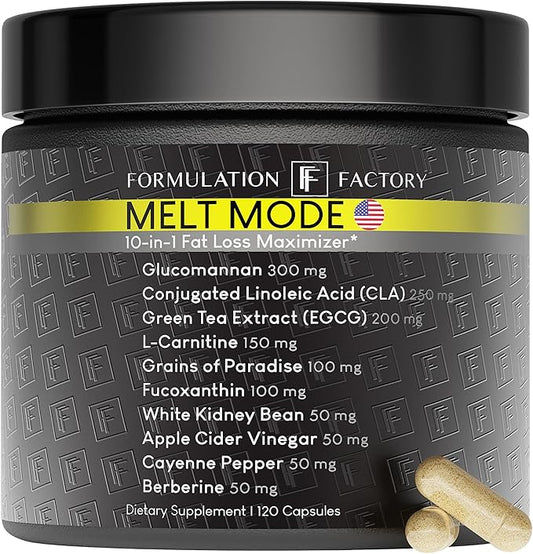 Formulation Factory Melt Mode 10-in-1 Wellness Supplement with Green Tea Extract, L-Carnitine, CLA, Glucomannan, Apple Cider Vinegar & More, Supports Metabolism & Energy (2 Month Supply, 120 Capsules)