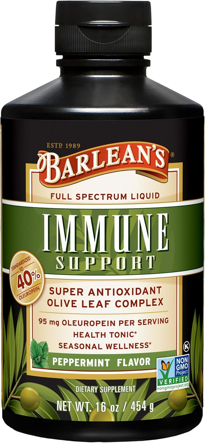 Barlean's Peppermint Olive Leaf Complex Liquid Immune Support Supplement, 95mg Oleuropein Antioxidants, 16 oz