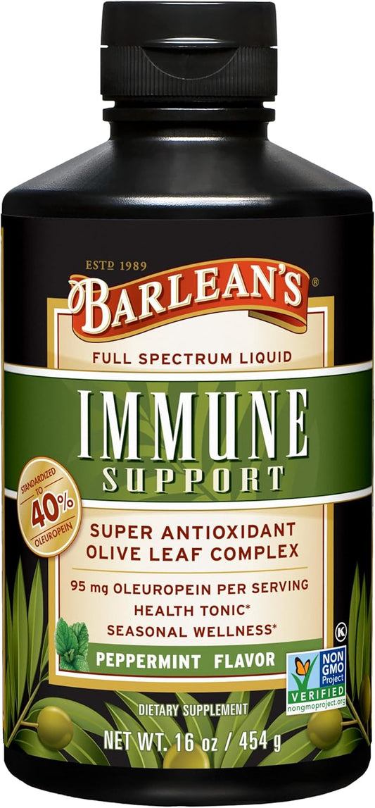 Barlean's Peppermint Olive Leaf Complex Liquid Immune Support Supplement, 95mg Oleuropein Antioxidants, 16 oz