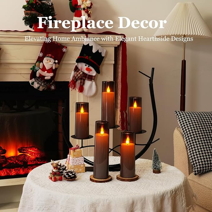 Amagic Grey Flameless Candles with Remote, Flickering Battery Operated Candles with Timer, Acrylic LED Fake Candle for Halloween Home Decor, 3D Wick, D2.2 xH5 5" 6" 7" 8", Set of 5